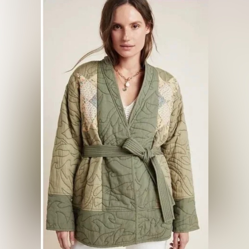 Anthropologie Quilted Patchwork Kimono Jacket Moss Green Sz Large